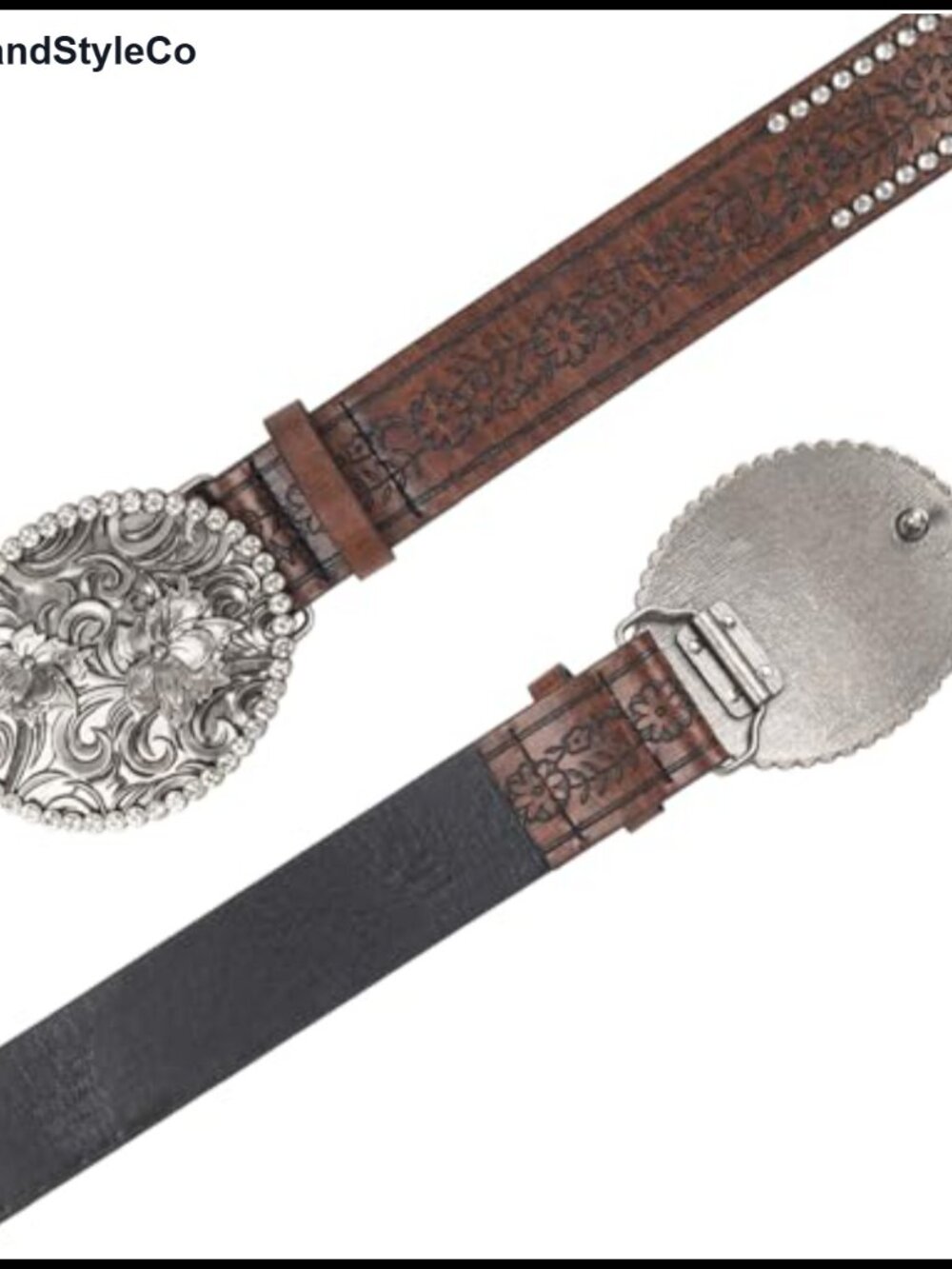 PU-Leather Floral Western Belt Diamond Buckle Cowgirl Belt for Women 28-38 Waist - Picture 3 of 6